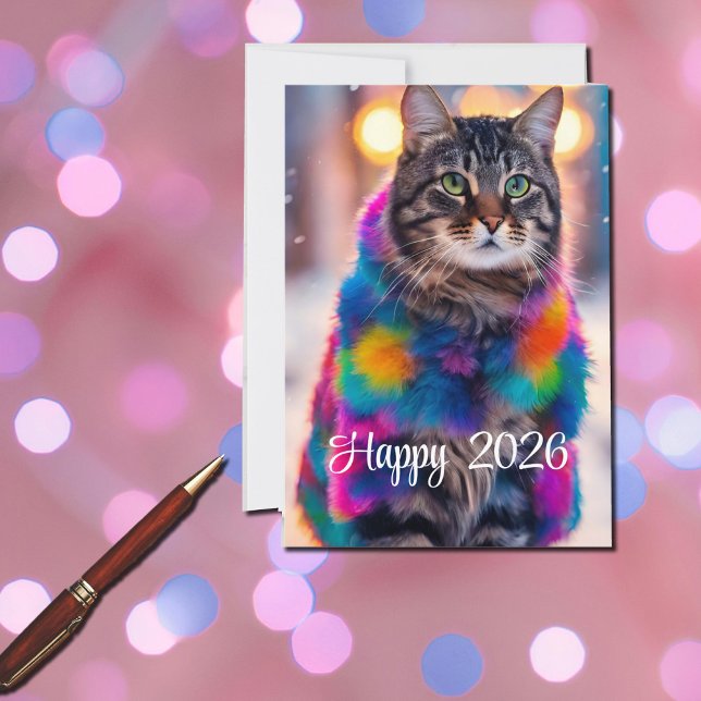 Cartes Pour Fêtes Annuelles Jazzy Kitty en manteau de fourrure - Joyeux 2026 (Créateur téléchargé)