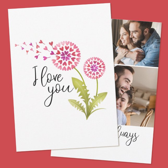 Cartes Pour Fêtes Annuelles Je t'aime Fleur de pissenlit Photo Saint-Valentin (A cute 3 photo Valentine's Day card with a heart dandelion flower and the words," "love you")