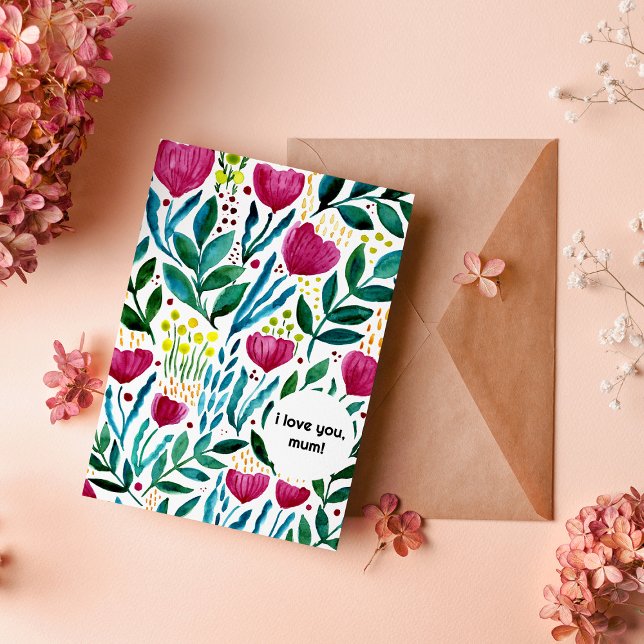 Cartes Pour Fêtes Annuelles Je t'aime, maman illustration botanique (Créateur téléchargé)
