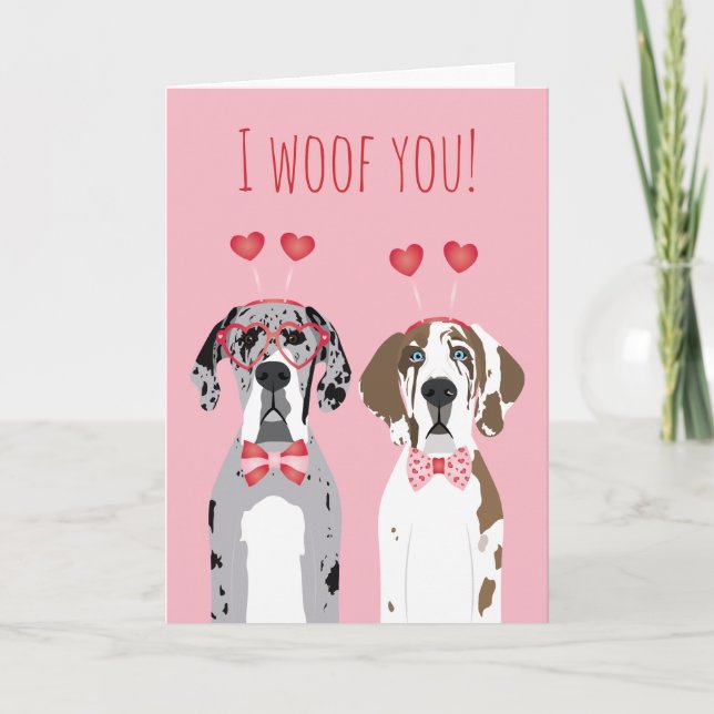 Cartes Pour Fêtes Annuelles Je vous woof vous Grands Dames Danois Rose Rouge (Devant)