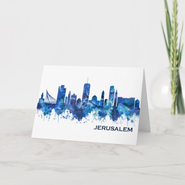 Cartes Pour Fêtes Annuelles Jérusalem Israel Skyline Blue (Devant)