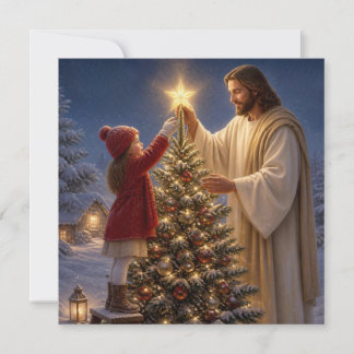 Cartes Pour Fêtes Annuelles Jésus aide une petite fille à décorer l'arbre de N
