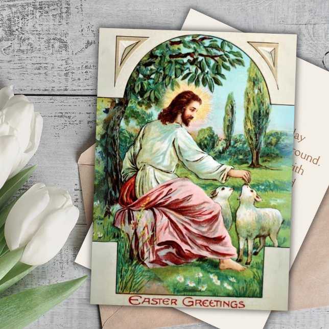 Cartes Pour Fêtes Annuelles Jésus Alimentation des agneaux Personnalisé Pâques (Jesus Feeding Lambs Custom Christian Easter Holiday Card)