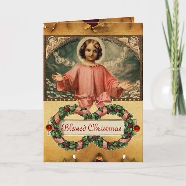 CARTES POUR FÊTES ANNUELLES JÉSUS ENFANT AUX ANGES ET COURONNES DE NOËL (Devant)
