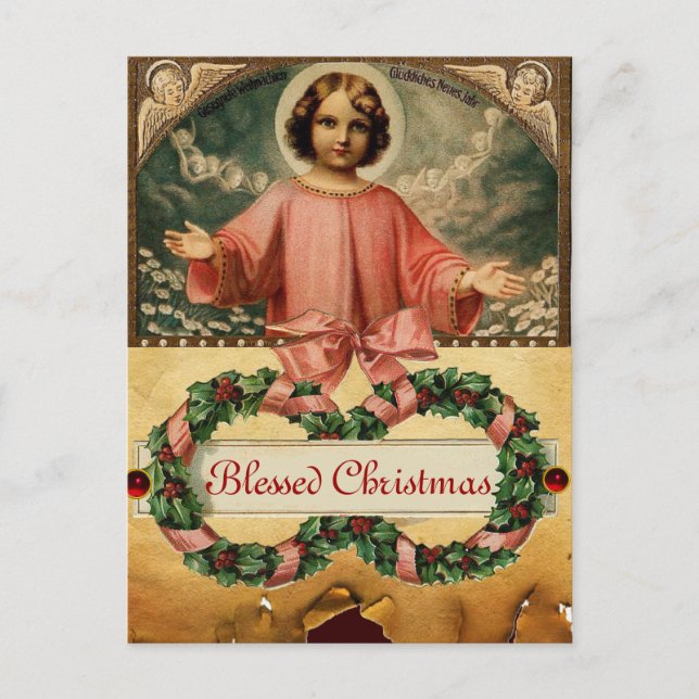 CARTES POUR FÊTES ANNUELLES JÉSUS ENFANT AUX ANGES ET COURONNES DE NOËL (Devant)