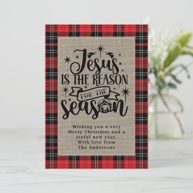 Cartes Pour Fêtes Annuelles Jesus est la raison de la saison Buffalo Plaid (Debout devant)