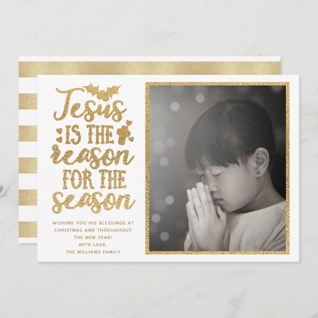 Cartes Pour Fêtes Annuelles Jésus est la raison de la saison feuille d'or (Devant / Derrière)