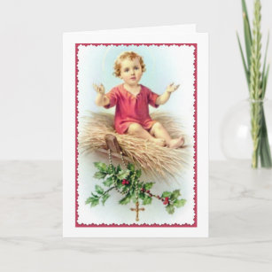 Cartes Pour Fêtes Annuelles Jésus-Manger Christ Enfant Rosary Holly Berry Stra
