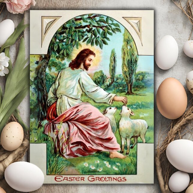 Cartes Pour Fêtes Annuelles Jésus Nourrir Les Agneaux Personnalisé Pâques Chré (Jesus Feeding The Lambs Custom Christian Easter Holiday Card)