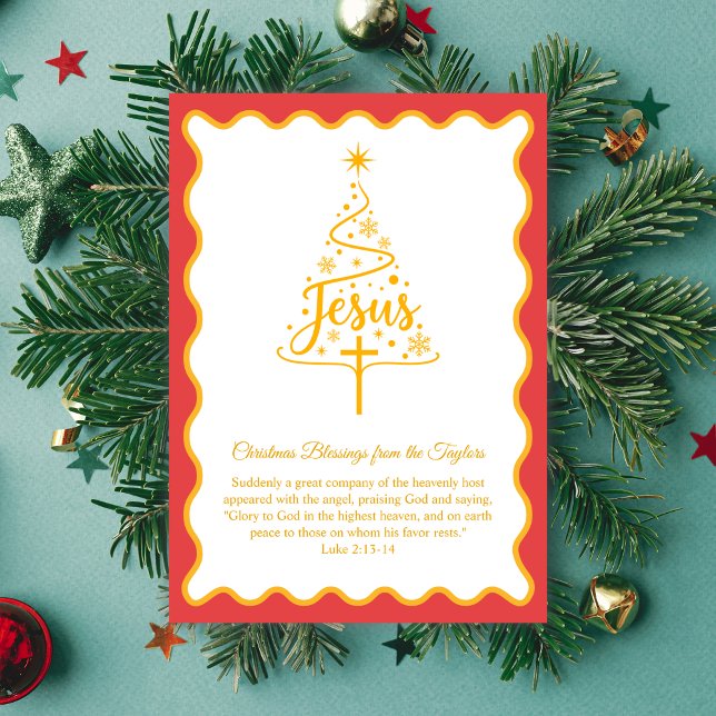 Cartes Pour Fêtes Annuelles Jesus Script Christmas Tree Blessings (Jesus Script Christmas Tree Card Gold with Luke 2:13–14)