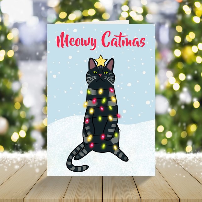 Cartes Pour Fêtes Annuelles Jeu de chat noir aux lumières de Noël drôle Noël (Créateur téléchargé)