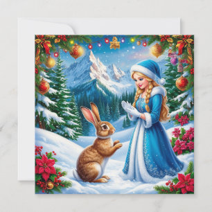 Cartes Pour Fêtes Annuelles Jeune fille de neige dans une scène de forêt hiver