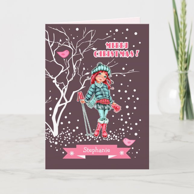 Cartes Pour Fêtes Annuelles Jeune fille skieuse | Nom personnalisé Noël (Devant)