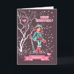 Cartes Pour Fêtes Annuelles Jeune fille skieuse | Nom personnalisé Noël<br><div class="desc">Joyeux Noël. Scène de neige avec une jeune fille skier conception Noël Cartes de voeux pour enfants / adolescents avec nom personnalisé et texte intérieur. Cartes et cadeaux correspondants disponibles dans la catégorie Noël et Nouvel An de notre magasin.</div>