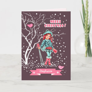 Cartes Pour Fêtes Annuelles Jeune fille skieuse   Nom personnalisé Noël