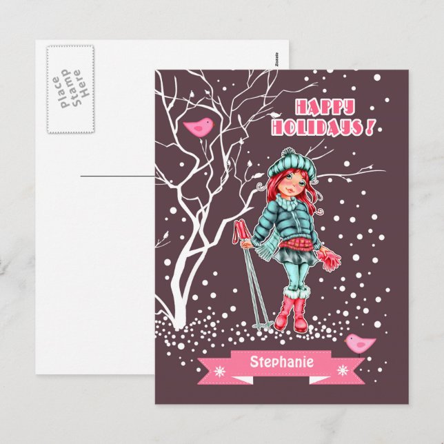 Cartes Pour Fêtes Annuelles Jeune fille skieuse | Nom personnalisé Noël (Devant / Derrière)