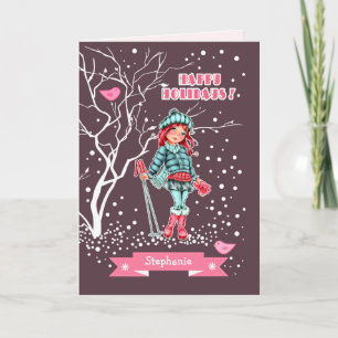 Cartes Pour Fêtes Annuelles Jeune fille skieuse   Nom personnalisé Noël
