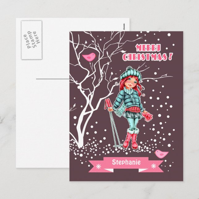 Cartes Pour Fêtes Annuelles Jeune fille skieuse | Nom personnalisé Noël (Devant / Derrière)