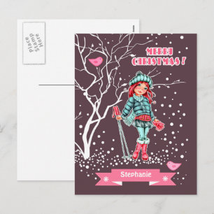 Cartes Pour Fêtes Annuelles Jeune fille skieuse   Nom personnalisé Noël