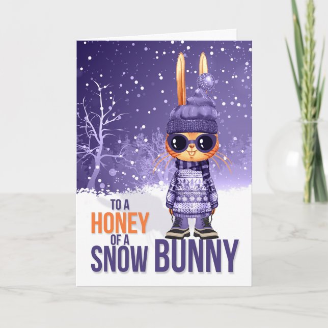 Cartes Pour Fêtes Annuelles Jeune Godgirl mignonne pourpre Noël Snowbunny (Devant)