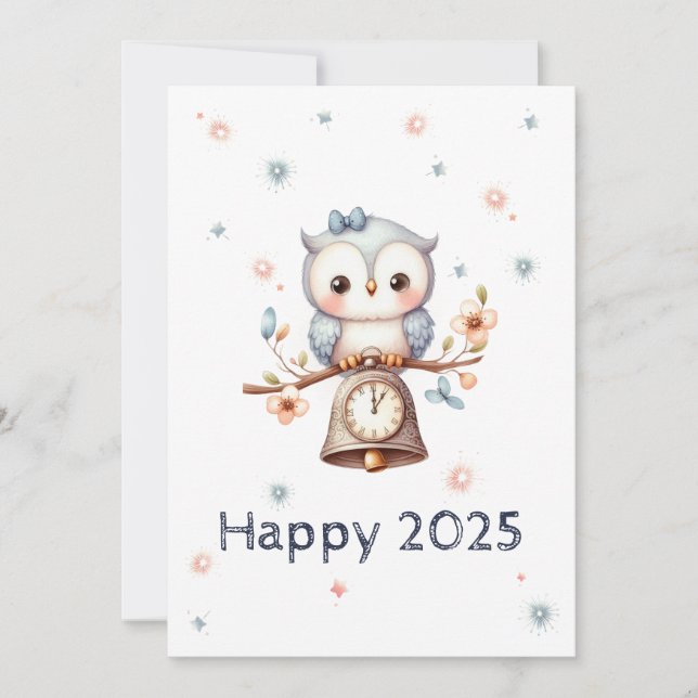 Cartes Pour Fêtes Annuelles Jeune hibou annonçant la nouvelle année (Devant)