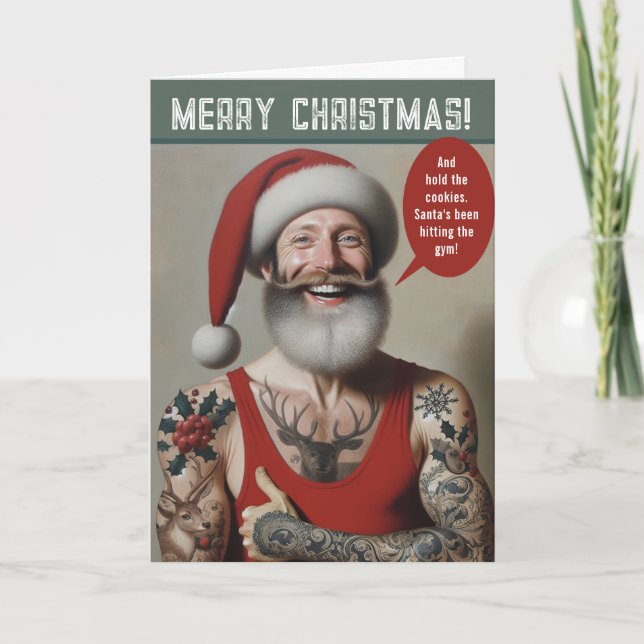 Cartes Pour Fêtes Annuelles Jeune Père Noël musclé avec des tatouages (Devant)