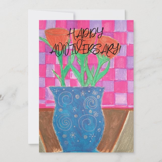 CARTES POUR FÊTES ANNUELLES JEUX ANNIVERSAIRE ! FLEURS ET VASE BLEU À DAMIERS (Devant)