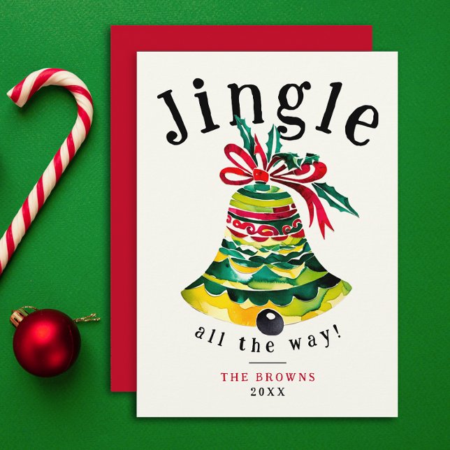 Cartes Pour Fêtes Annuelles Jingle Bell de Noël Rouge et Bow vert Aquarelle (Créateur téléchargé)