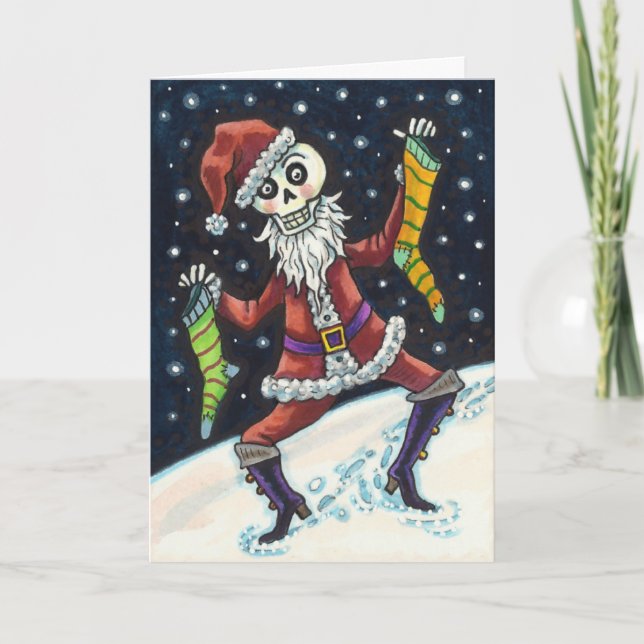 CARTES POUR FÊTES ANNUELLES JINGLE BONES PÈRE NOËL, SKELETON DE NOËL & STOCKIN (Devant)
