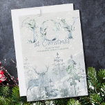 Cartes Pour Fêtes Annuelles Joie à Noël Snowy Winter Forest and Stag<br><div class="desc">Joie à Noël,  carte de vacances personnalisée en aquarelle avec forêt d'hiver enneigée et cerf dans les tons doux de bleu et vert. Le texte dit "vous souhaiter la joie à Noël" et vous pouvez personnaliser le texte restant. Design d'aquarelle subtil et élégant avec typographie décorative.</div>