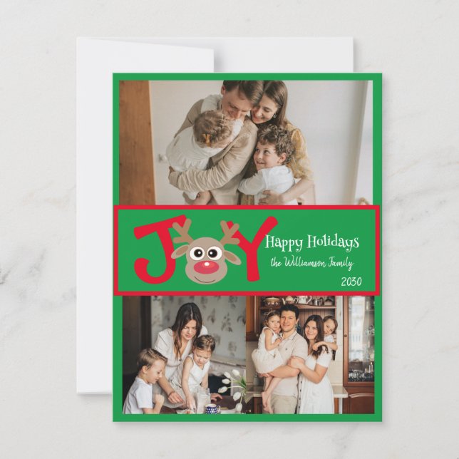 Cartes Pour Fêtes Annuelles JOIE Amusant Mignon 3 Photo Dessin Animé Renne Rou (Devant)