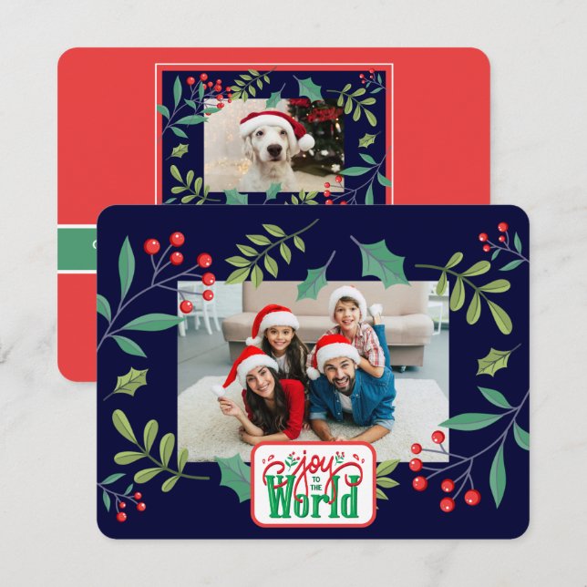 Cartes Pour Fêtes Annuelles Joie au Monde Baie de houx (ajoutez vos photos) (Devant / Derrière)