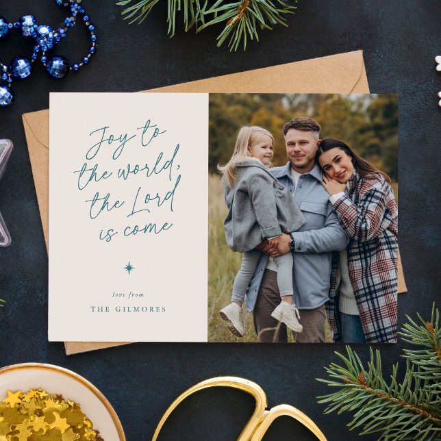 Cartes Pour Fêtes Annuelles Joie au monde écriture manuscrite Noël religieux (joy to the world in a handwritten script - 1-photo religious Christmas card)