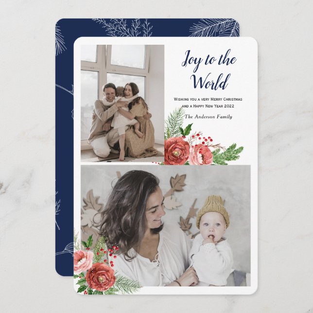 Cartes Pour Fêtes Annuelles Joie au monde Vœu de vacances avec photo (Devant / Derrière)