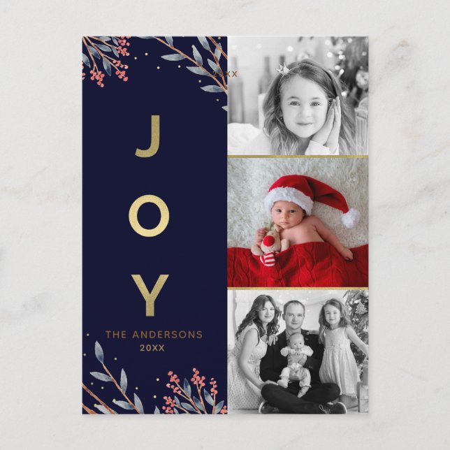 Cartes Pour Fêtes Annuelles JOIE Bleue & Or 3 JEUX Trois Photo Noël (Devant)