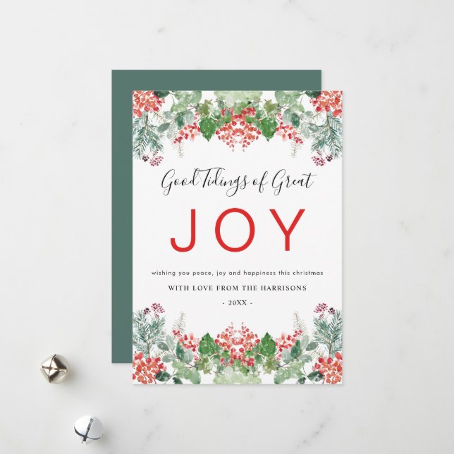 Cartes Pour Fêtes Annuelles Joie de baies d'hiver et de verdure Noël (Devant/Arrière en situation)