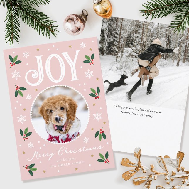 Cartes Pour Fêtes Annuelles Joie de Noël mignonne Nom personnalisé Photo Rose (Créateur téléchargé)