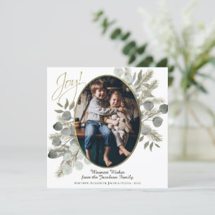 Cartes Pour Fêtes Annuelles Joie ! Eucalyptus Feuilles & Pine Gold Photo Frame
