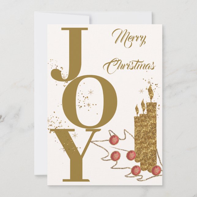 Cartes Pour Fêtes Annuelles Joie festive Bougie en or Berries rouges Joyeux No (Devant)