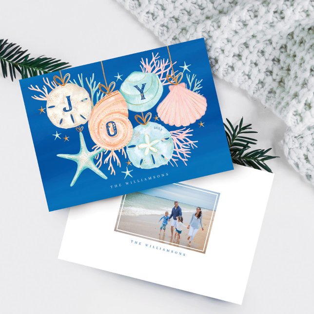 Cartes Pour Fêtes Annuelles Joie Noël Océan Aquarelle Coquillage Ornements (Joy Christmas Ocean Watercolor Seashell Ornaments Holiday Card)