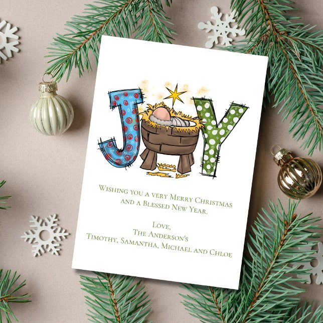 Cartes Pour Fêtes Annuelles Joie personnalisée Bébé Jésus Noël religieux (Joy Christmas Card Personalized Add your own greeting. Baby Jesus in Manger.)