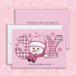 Cartes Pour Fêtes Annuelles Joie Snowman rose blanc Noël<br><div class="desc">Carte de voeux de Noël/vacances pour bonhomme de neige rose mignon et flocons "JOY". Personnalisez avec votre nom de famille et tout autre texte que vous choisissez.</div>