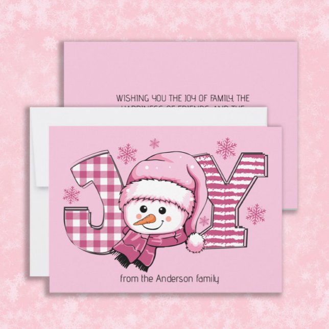 Cartes Pour Fêtes Annuelles Joie Snowman rose blanc Noël (Cute Christmas holiday snowman and snowflakes, "JOY" greeting card customized with your own text)