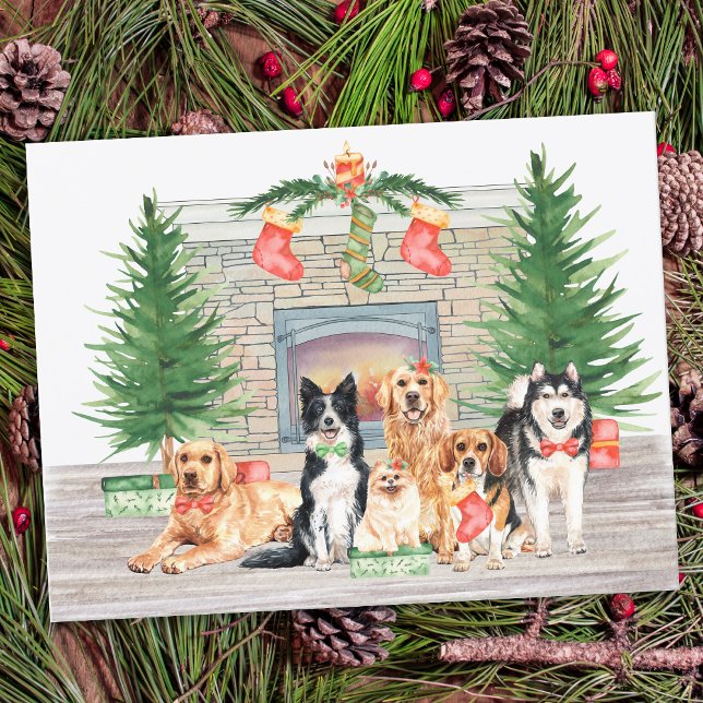 Cartes Pour Fêtes Annuelles Joli Amoureux des chiens Chiot Noël Cheminée Scène (Créateur téléchargé)