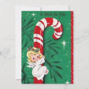 Cartes Pour Fêtes Annuelles Joli ange de Noël bébé vintage sur une canne à suc