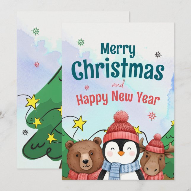 Cartes Pour Fêtes Annuelles Joli animal aquarelle Noël couleur bleue (Devant / Derrière)