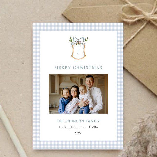 Cartes Pour Fêtes Annuelles Joli Bleu En vichy Plaid Monogramme Noël (Créateur téléchargé)