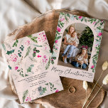 Cartes Pour Fêtes Annuelles Joli Blush Pink Folich Arch Joyeux Noël Photo<br><div class="desc">Cette collection présente des fleurs rose vif d'aquarelle,  des baies et de la verdure hivernale avec typographie moderne et élégante,  avec un motif botanique d'hiver.</div>