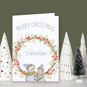Cartes Pour Fêtes Annuelles Joli bonhomme de neige de Noël Couronne de baies d