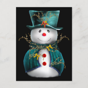 Cartes Pour Fêtes Annuelles Joli bonhomme de neige en bleu et vert velours Noë